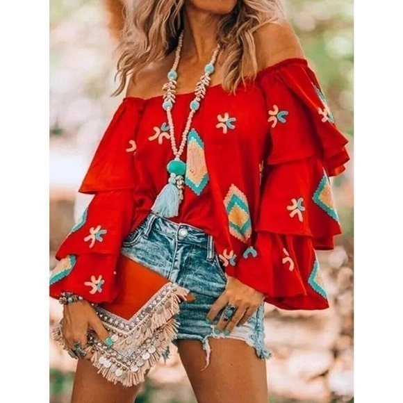 Geo,‎ Aztec Boho Print Off Shoulder Blouse XL - Picture 1 of 9